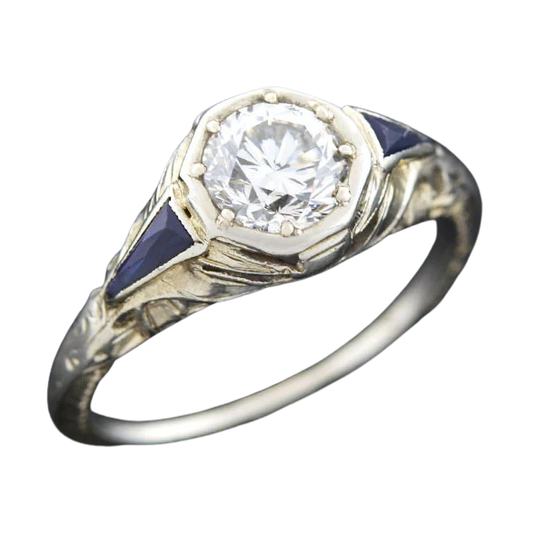 Art Deco 18kt Diamond & Sapphire Engagement Ring .82ct