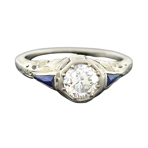 Art Deco 18kt Diamond & Sapphire Engagement Ring .82ct - Image 2