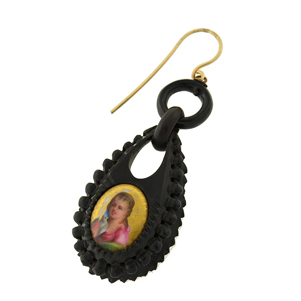 Victorian Carved Jet & Painted Portrait Earrings - Image 3