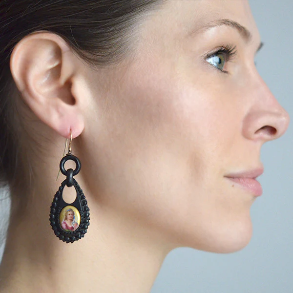 Victorian Carved Jet & Painted Portrait Earrings - Image 6