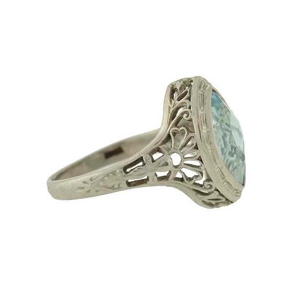 Art Deco 14kt Aquamarine Navette Filigree Ring 1.75ctw - Image 2