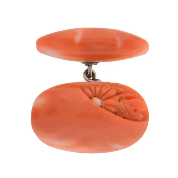 Art Deco 14kt Natural Coral Hand Carved Flower Cufflinks - Image 2