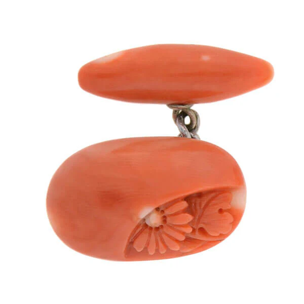 Art Deco 14kt Natural Coral Hand Carved Flower Cufflinks - Image 3