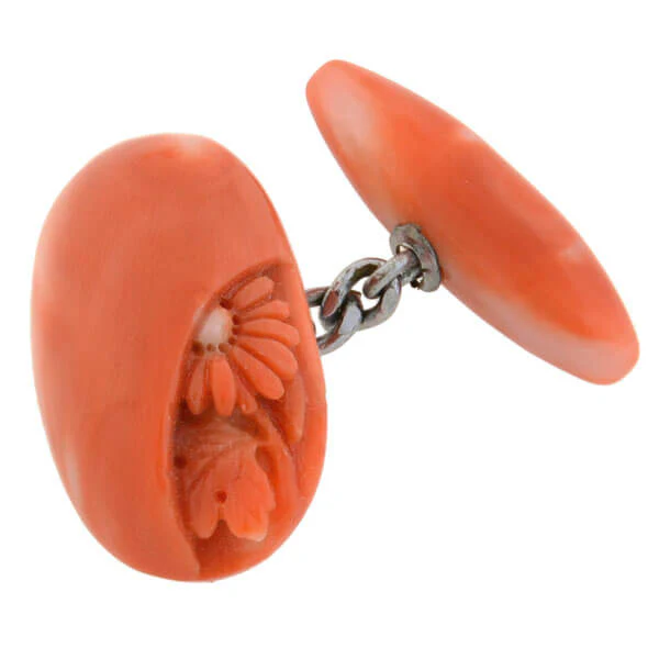 Art Deco 14kt Natural Coral Hand Carved Flower Cufflinks - Image 4