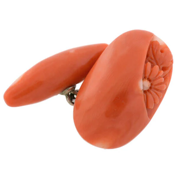 Art Deco 14kt Natural Coral Hand Carved Flower Cufflinks - Image 6