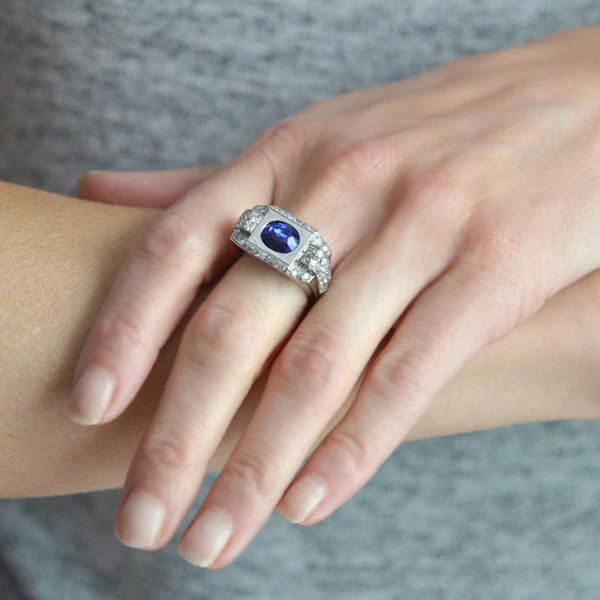 Late Art Deco French Platinum 4.30ct Natural Ceylon Sapphire Diamond Ring - Image 7