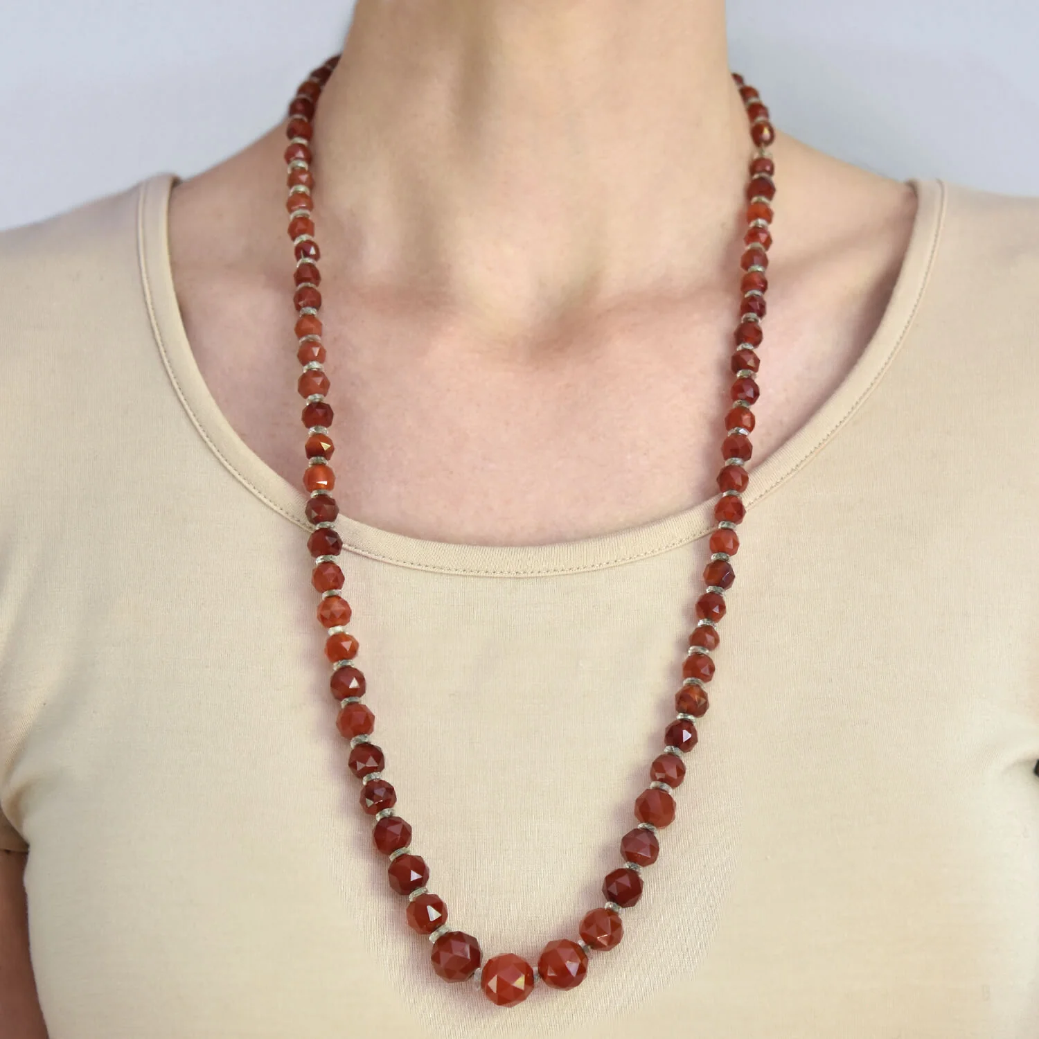 Art Deco Faceted Carnelian + Rock Crystal Graduated Bead Necklace 28.5" - Image 5
