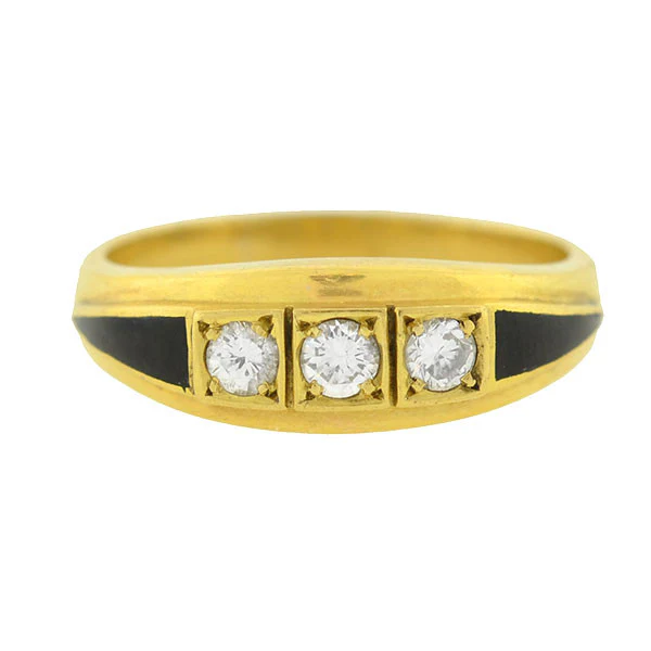 Art Deco French 18kt Diamond Enamel 3-Stone Ring - Image 3