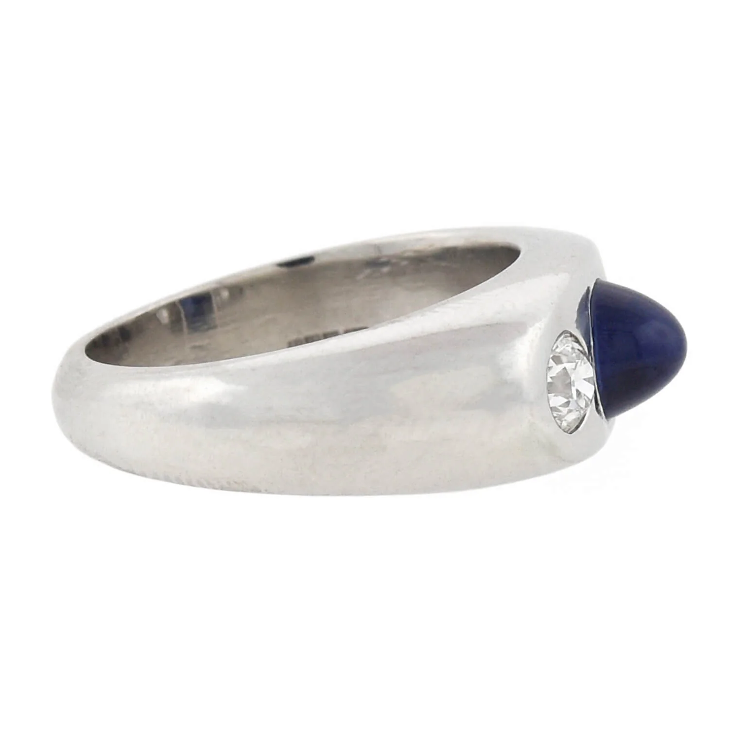 Art Deco Platinum 3-Stone Diamond + Bullet Cabochon Sapphire Ring - Image 3