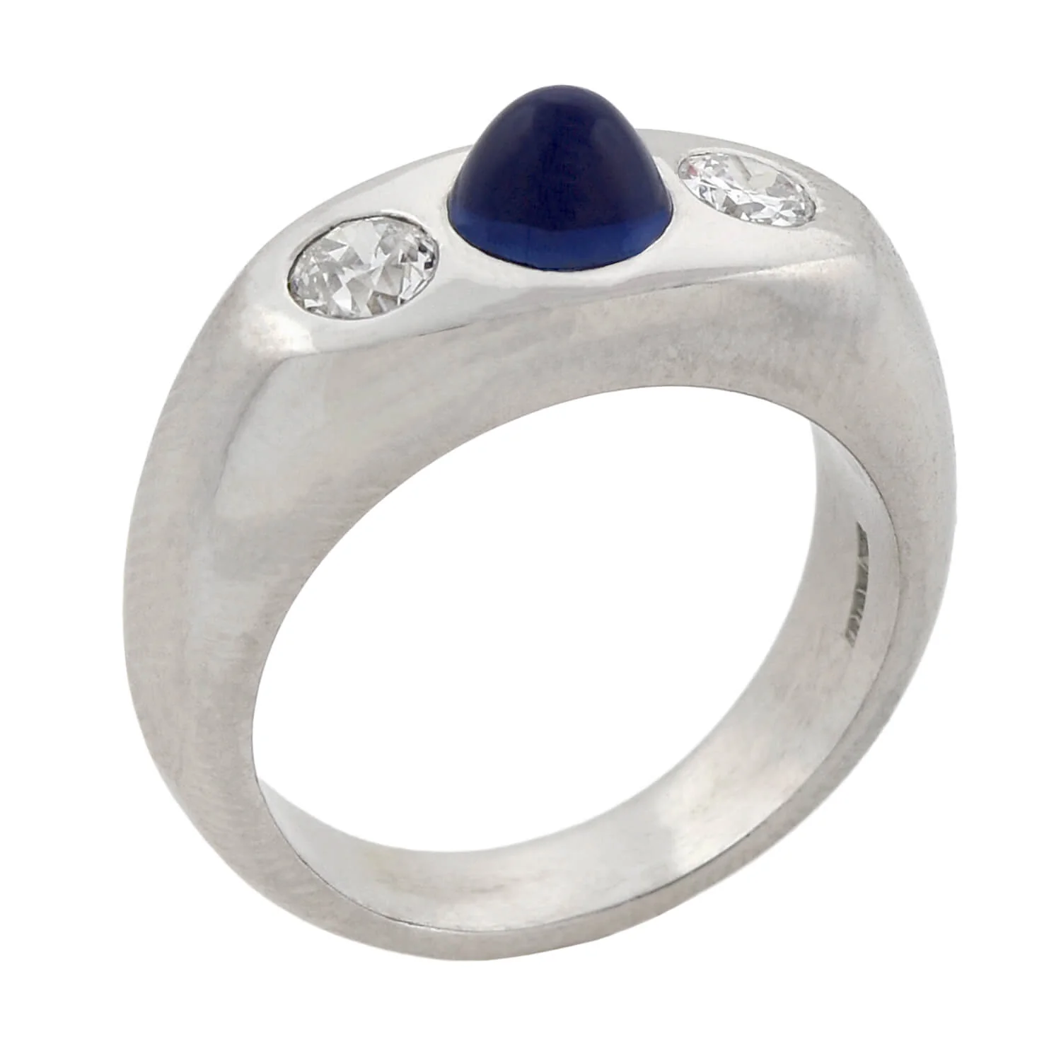 Art Deco Platinum 3-Stone Diamond + Bullet Cabochon Sapphire Ring - Image 5