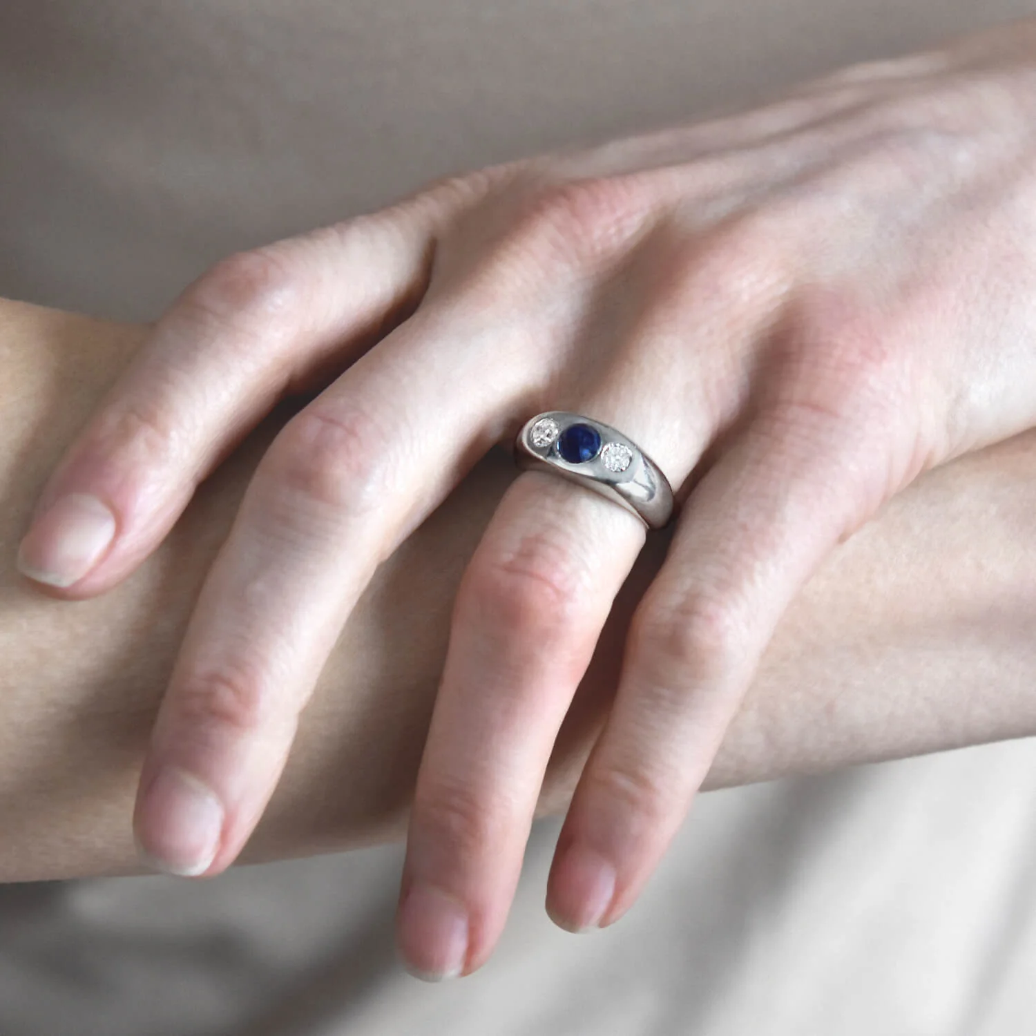Art Deco Platinum 3-Stone Diamond + Bullet Cabochon Sapphire Ring - Image 7