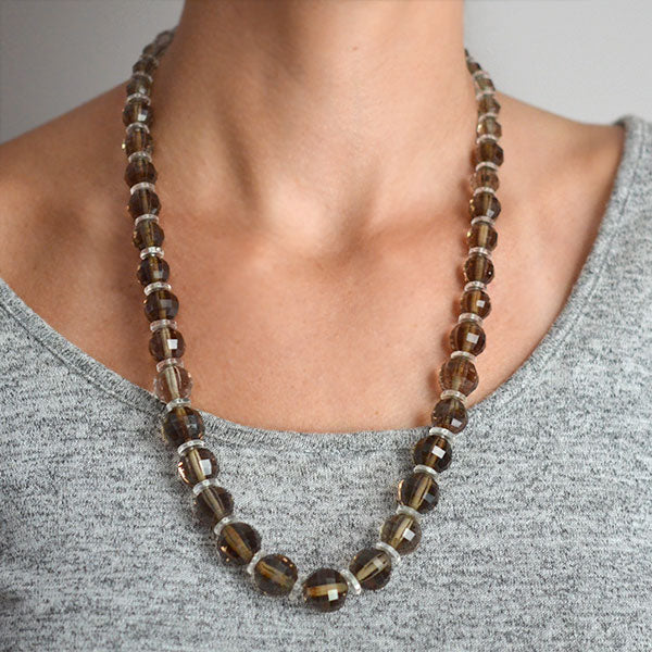 Art Deco Smoky Topaz + Rock Quartz Crystal Faceted Bead Necklace - Image 5