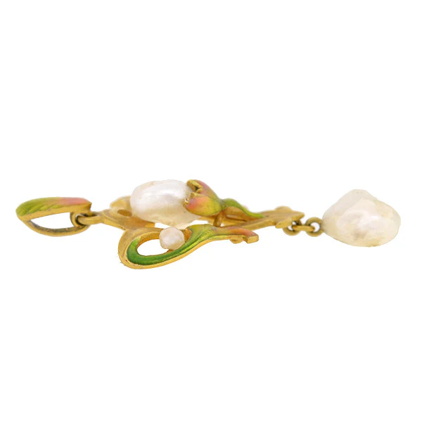 Art Nouveau 14kt Natural Pearl & Enamel Lavalier Pendant - Image 4