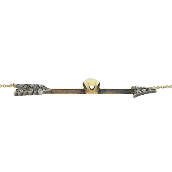 Art Nouveau Sterling 14kt Diamond & Opal Arrow Necklace - Image 4