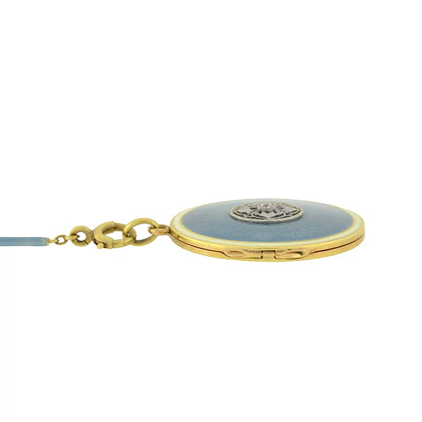 Edwardian 14kt Blue Guilloché Enamel Locket & Chain - Image 6