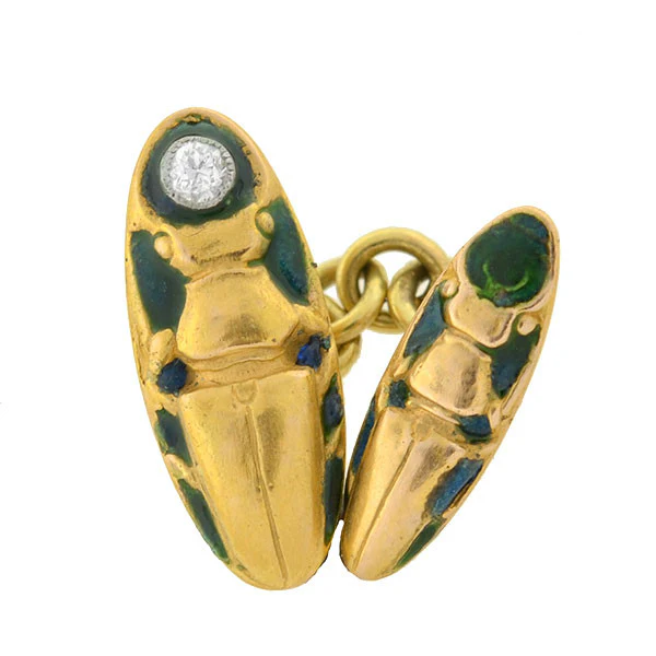 Edwardian 18kt Enamel & Diamond Scarab Cufflinks - Image 3
