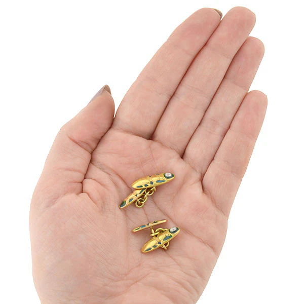 Edwardian 18kt Enamel & Diamond Scarab Cufflinks - Image 7