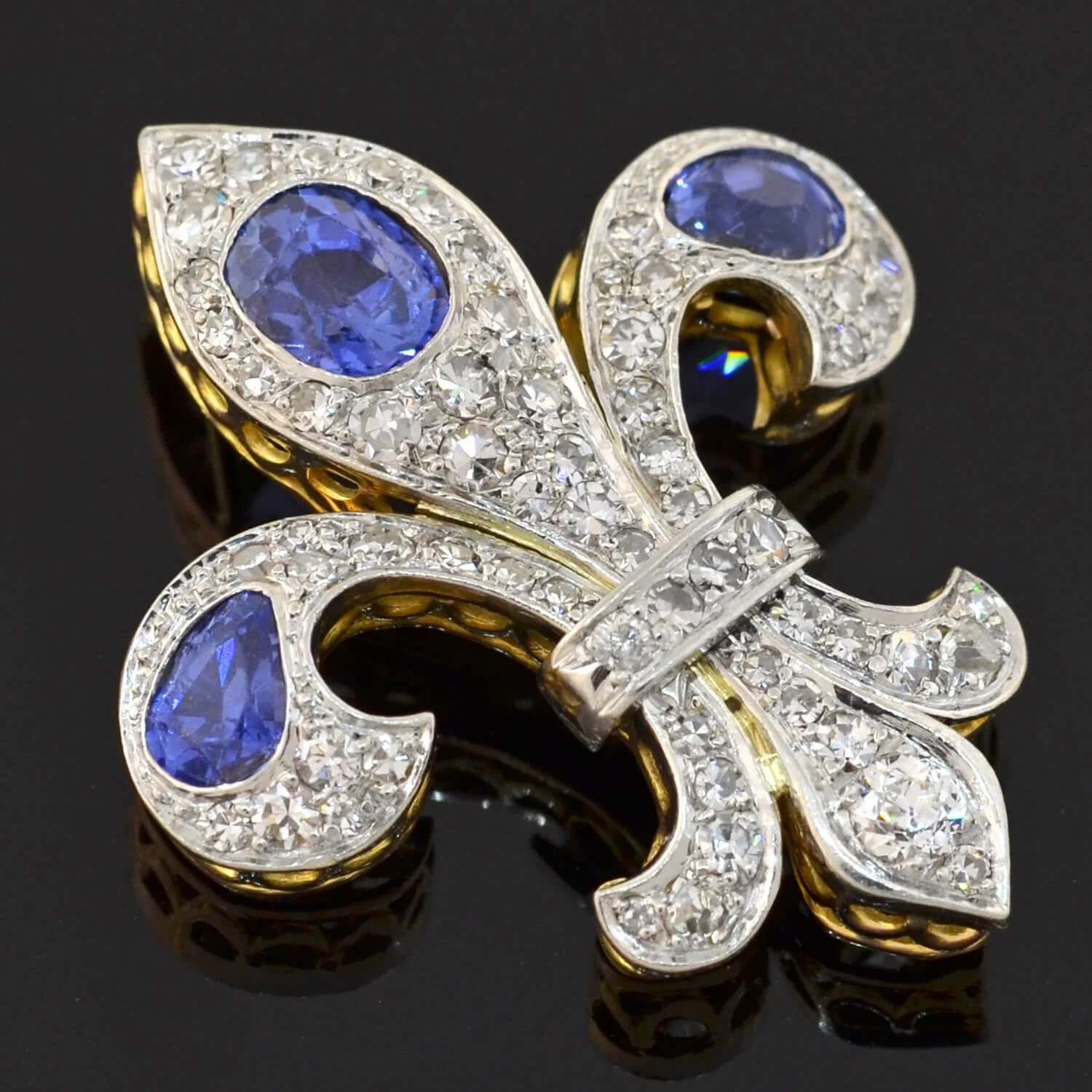 Edwardian 18kt/Platinum Natural Ceylon Sapphire + Diamond Fleur-de-Lys Pendant - Image 2