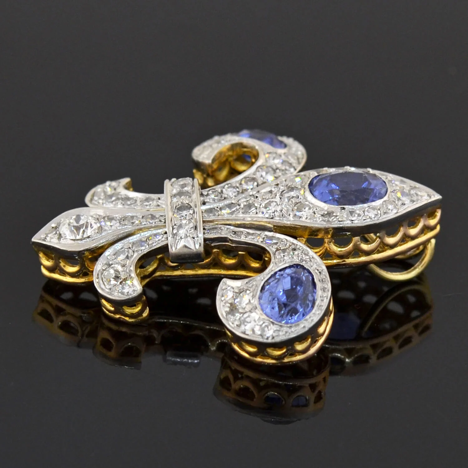 Edwardian 18kt/Platinum Natural Ceylon Sapphire + Diamond Fleur-de-Lys Pendant - Image 3