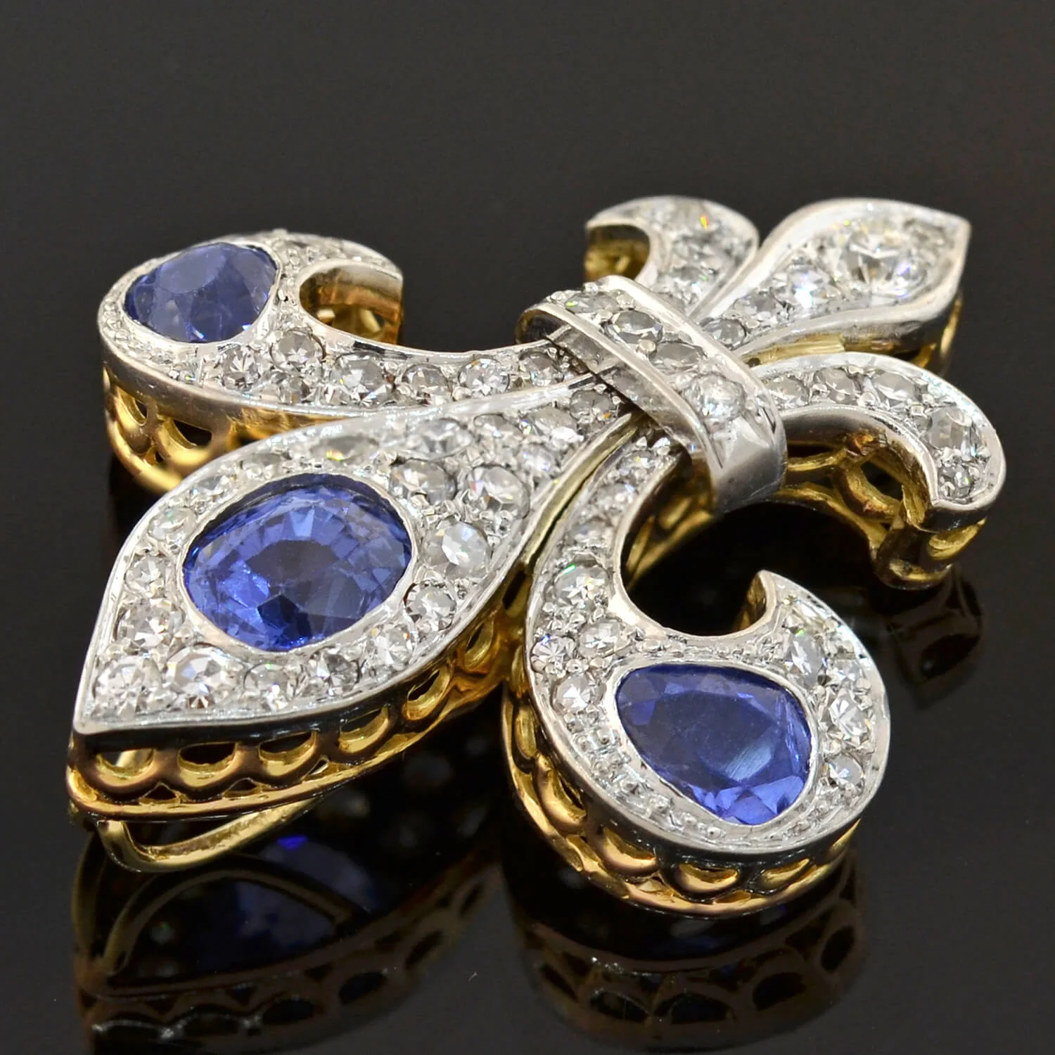 Edwardian 18kt/Platinum Natural Ceylon Sapphire + Diamond Fleur-de-Lys Pendant - Image 4