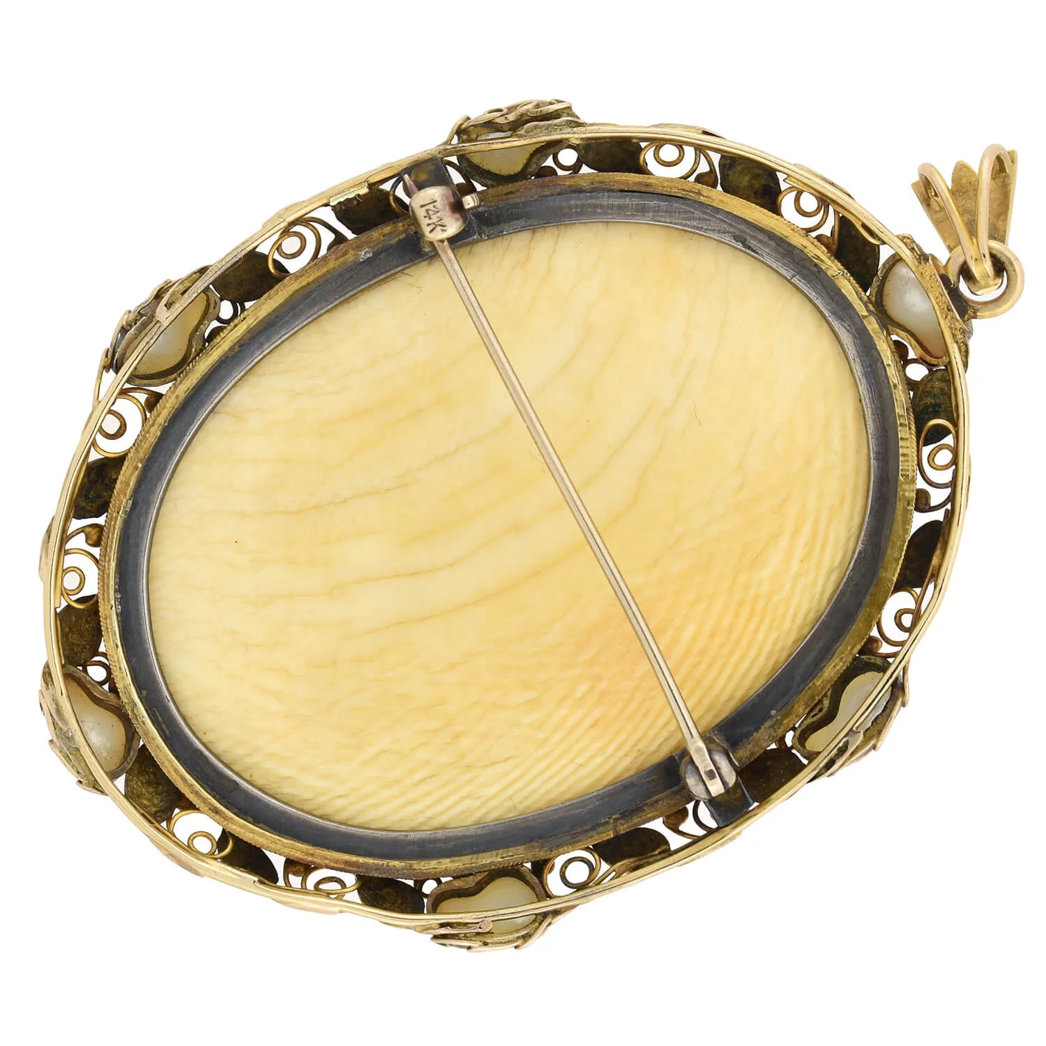 Arts & Crafts Large 14kt Carved Ivory + Freshwater Pearl Mythical Creature Pin/Pendant - Image 4