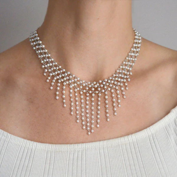 Edwardian Platinum, Diamond & Pearl Festoon Necklace - Image 3