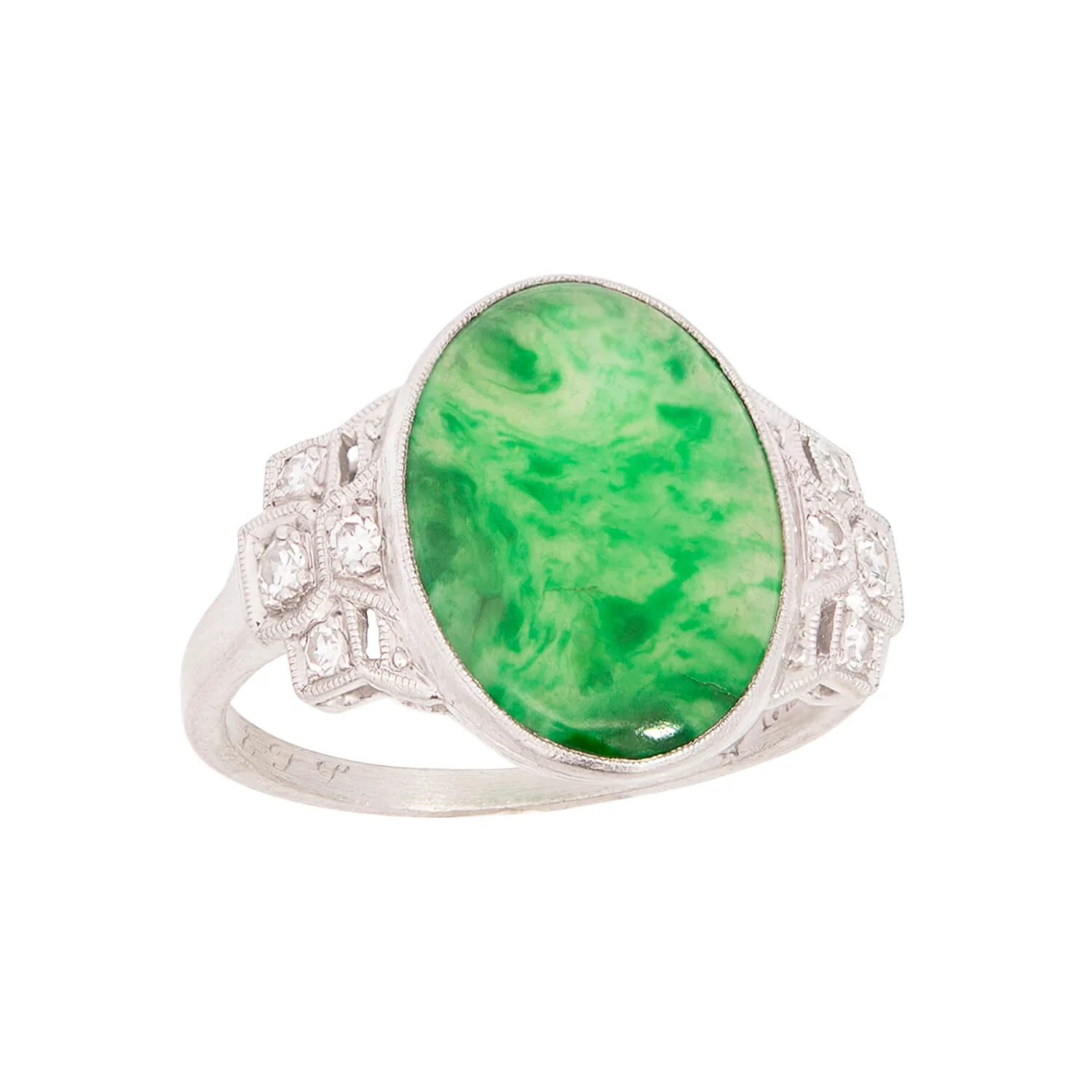 Edwardian Platinum Jade + Diamond Ring (On Hold) - Image 4