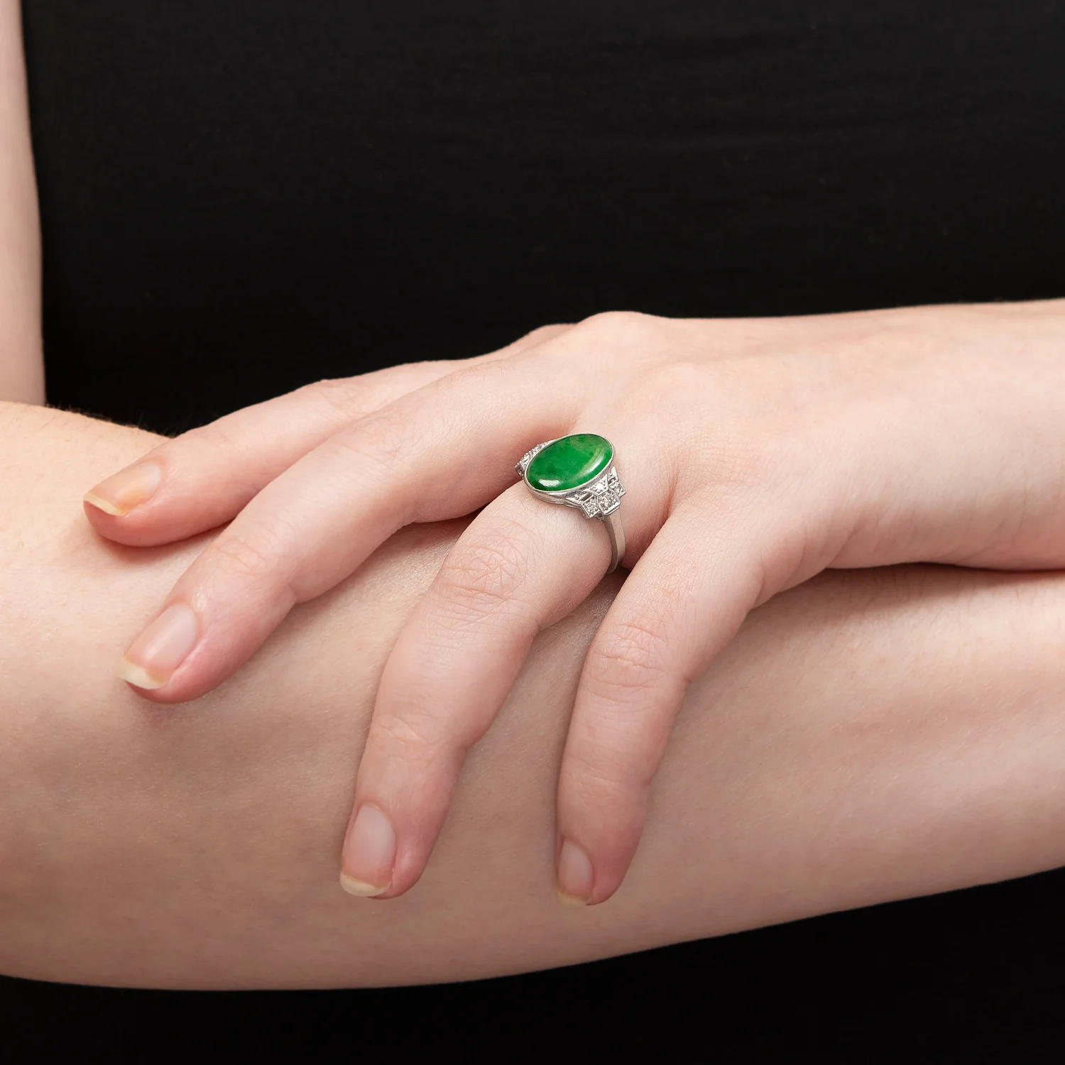 Edwardian Platinum Jade + Diamond Ring (On Hold) - Image 8