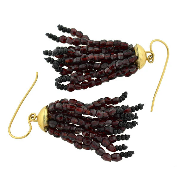 Estate 18kt Beaded Garnet Tassel Earrings - Image 4