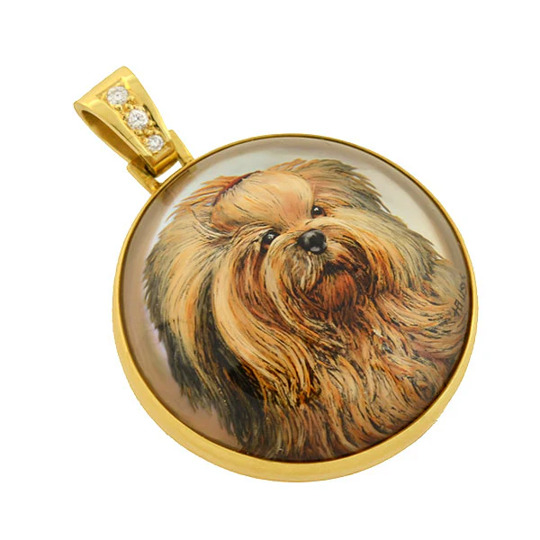 H. BUSSMER Vintage 18kt Reverse Carved Rock Crystal Shih Tzu Dog Pendant - Image 2