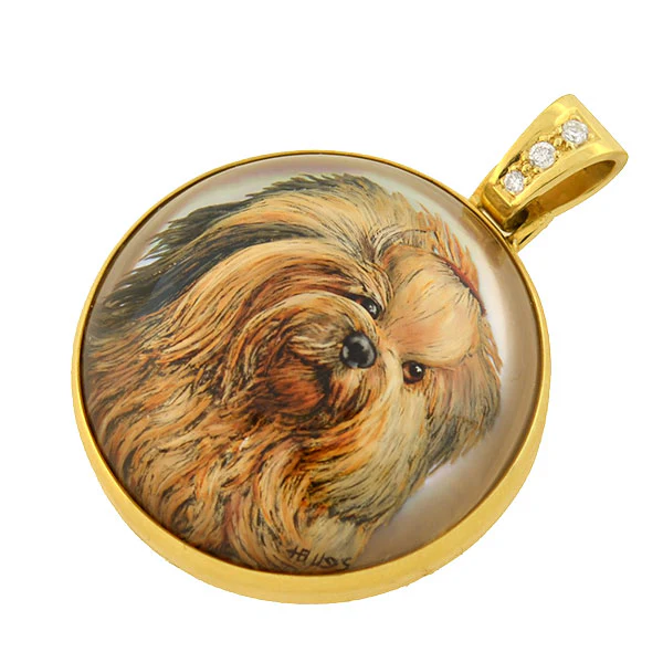 H. BUSSMER Vintage 18kt Reverse Carved Rock Crystal Shih Tzu Dog Pendant - Image 3