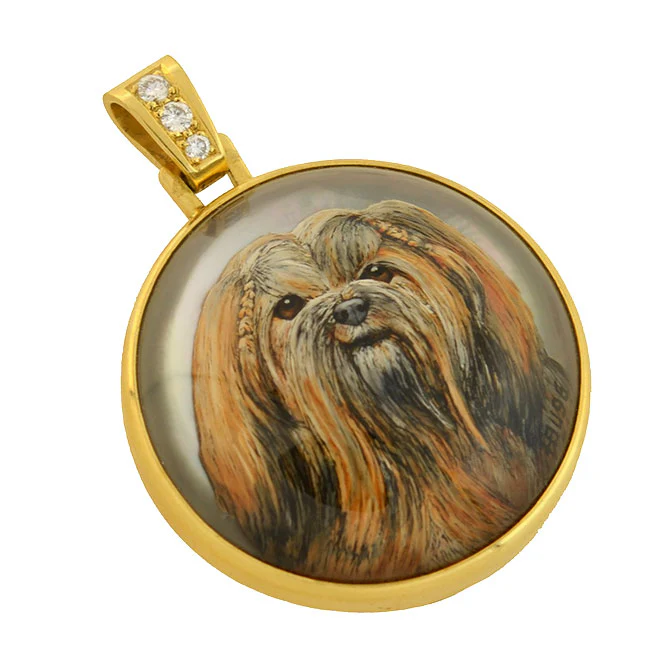 H. BUSSMER Vintage 18kt Reverse Carved Rock Crystal Shih Tzu Dog Pendant - Image 2