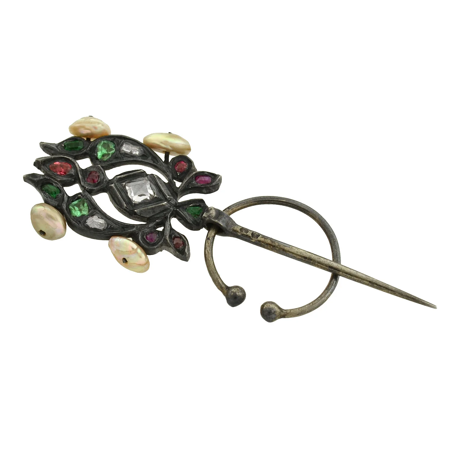 Early Victorian Rare French Silver Multi Gemstone & Pearl "Fibula" Pin - Image 2
