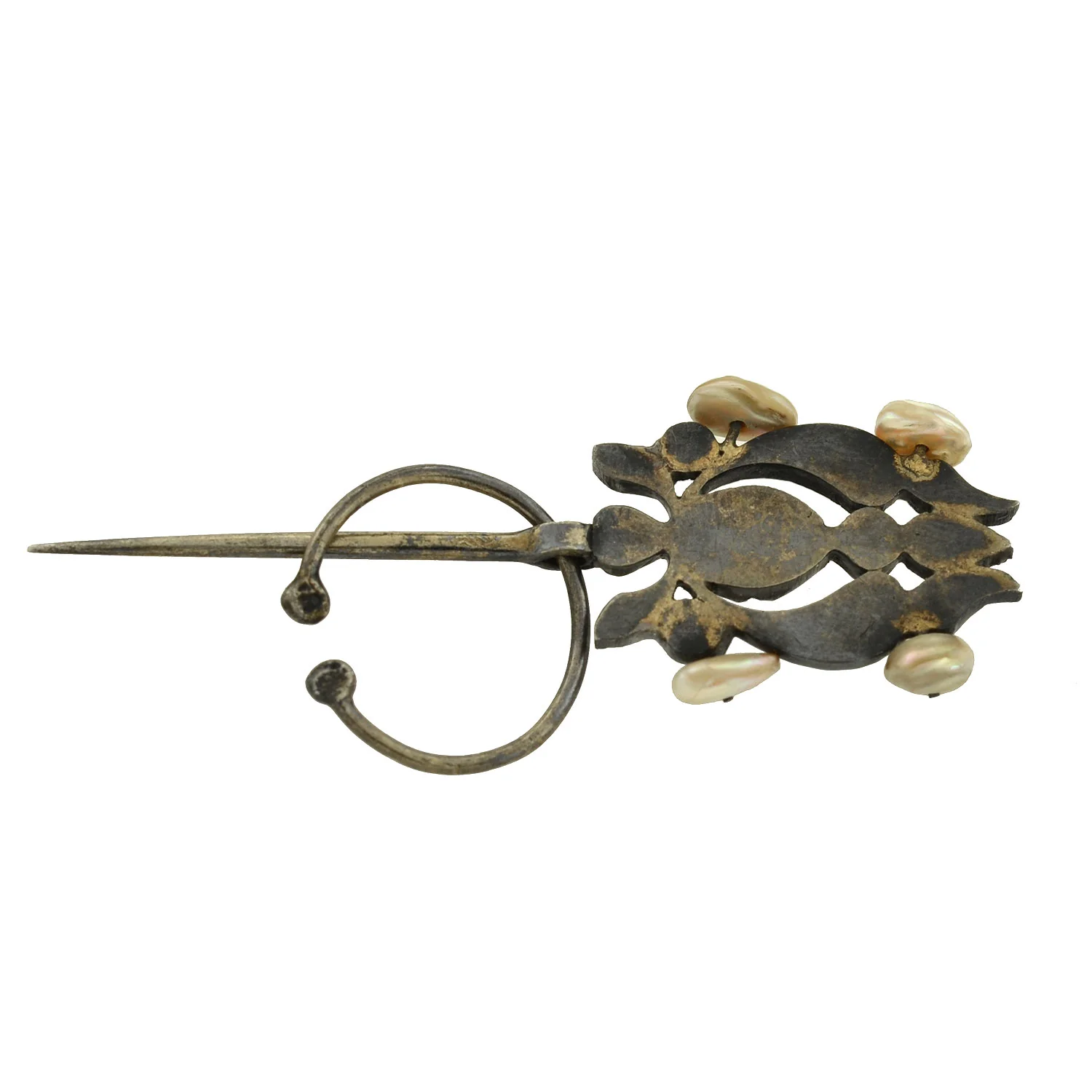 Early Victorian Rare French Silver Multi Gemstone & Pearl "Fibula" Pin - Image 3