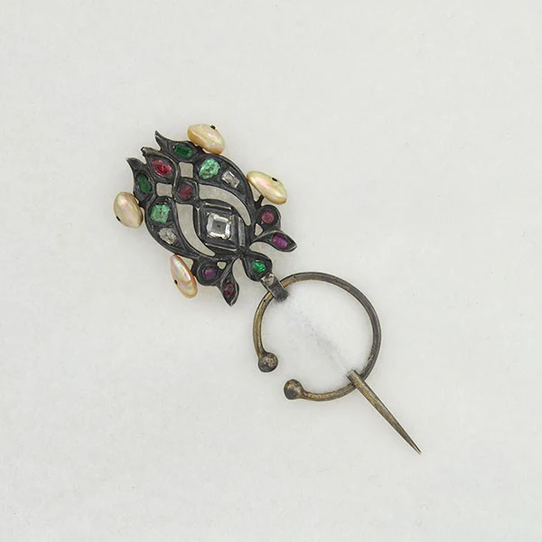 Early Victorian Rare French Silver Multi Gemstone & Pearl "Fibula" Pin - Image 5