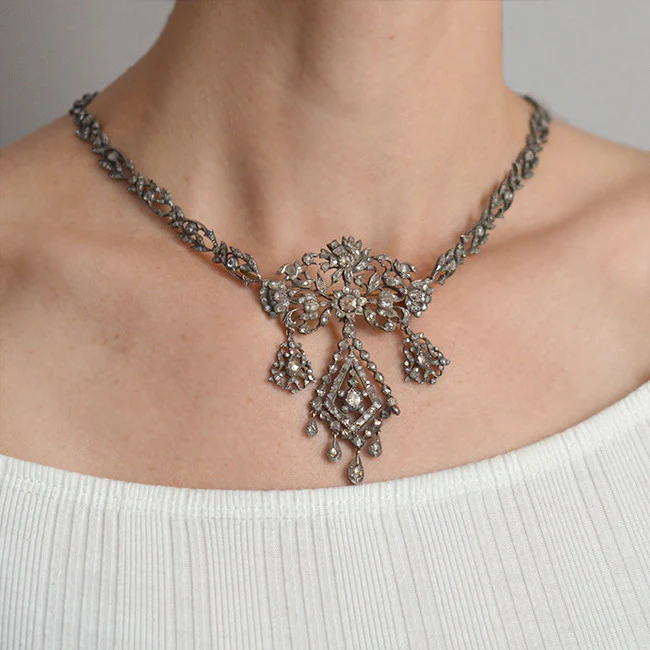 Georgian Sterling Rose Cut Diamond Pin & Necklace Set - Image 9