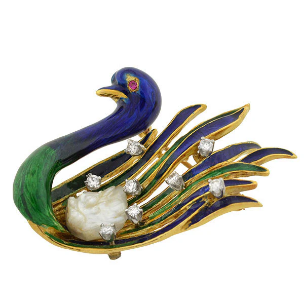 LA TRIOMPHE Vintage 18kt Diamond & Pearl Enameled Swan Pin - Image 3