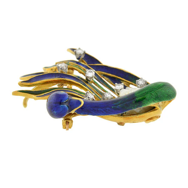 LA TRIOMPHE Vintage 18kt Diamond & Pearl Enameled Swan Pin - Image 4
