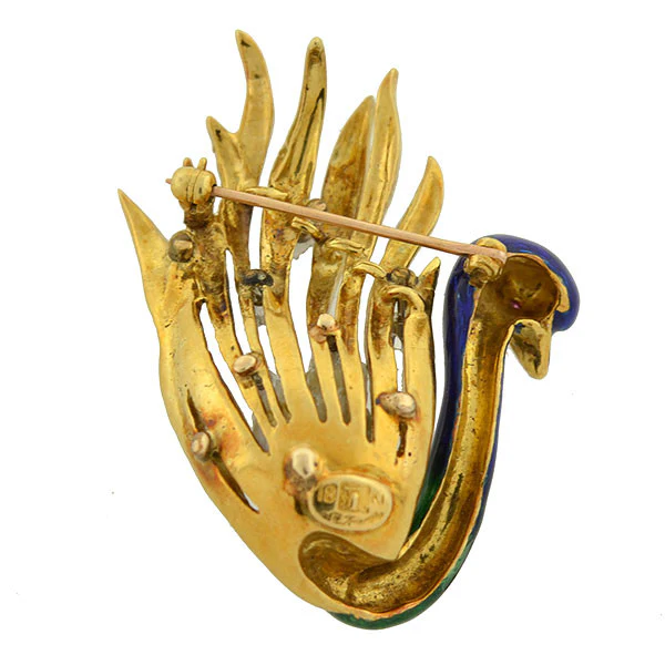 LA TRIOMPHE Vintage 18kt Diamond & Pearl Enameled Swan Pin - Image 5