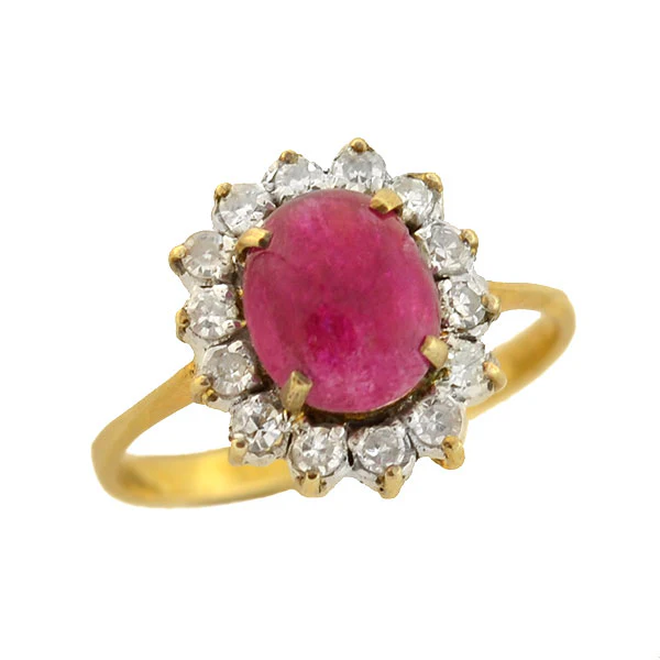 Late Art Deco 14kt 1ctw Ruby Cabochon Diamond Cluster Ring - Image 6