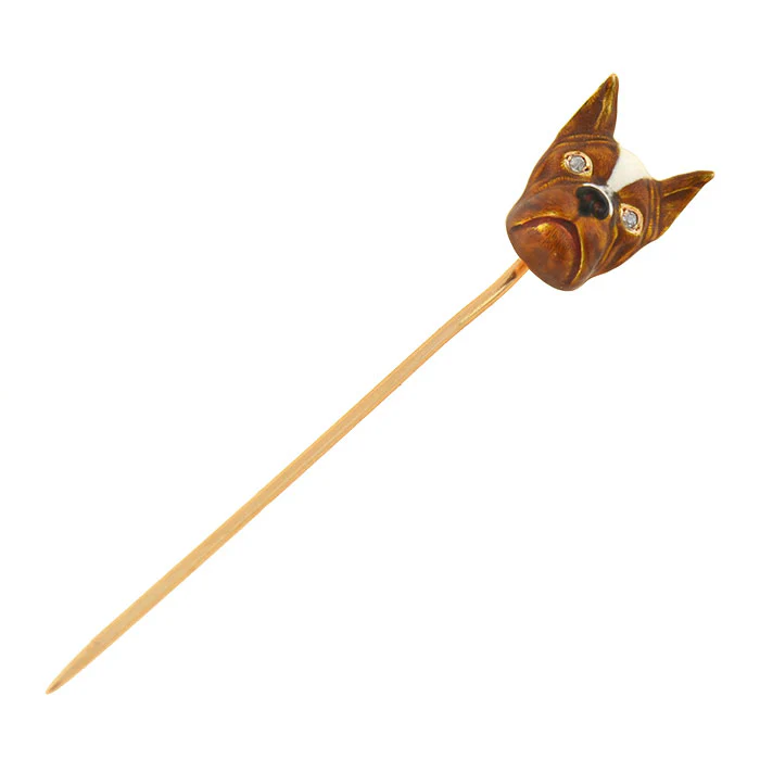 Late Art Deco 14kt Diamond + Enamel French Bulldog Stick Pin - Image 3