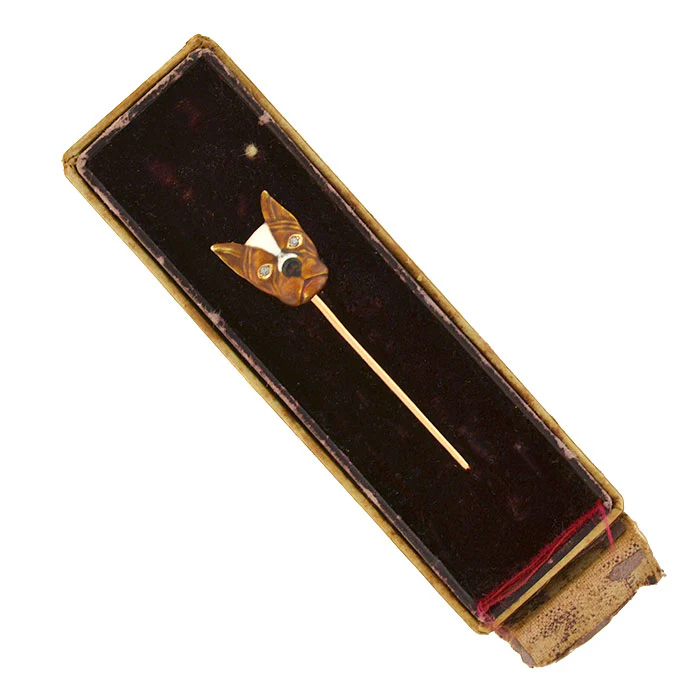 Late Art Deco 14kt Diamond + Enamel French Bulldog Stick Pin - Image 5