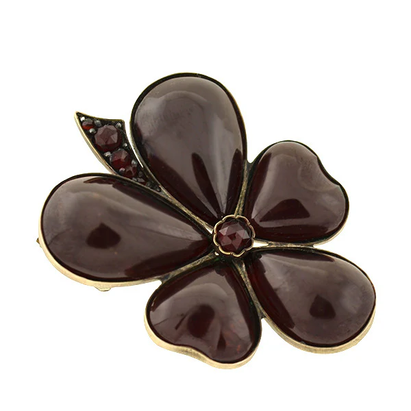 Late Victorian 10kt Garnet Cabochon Flower/Clover Pin - Image 2