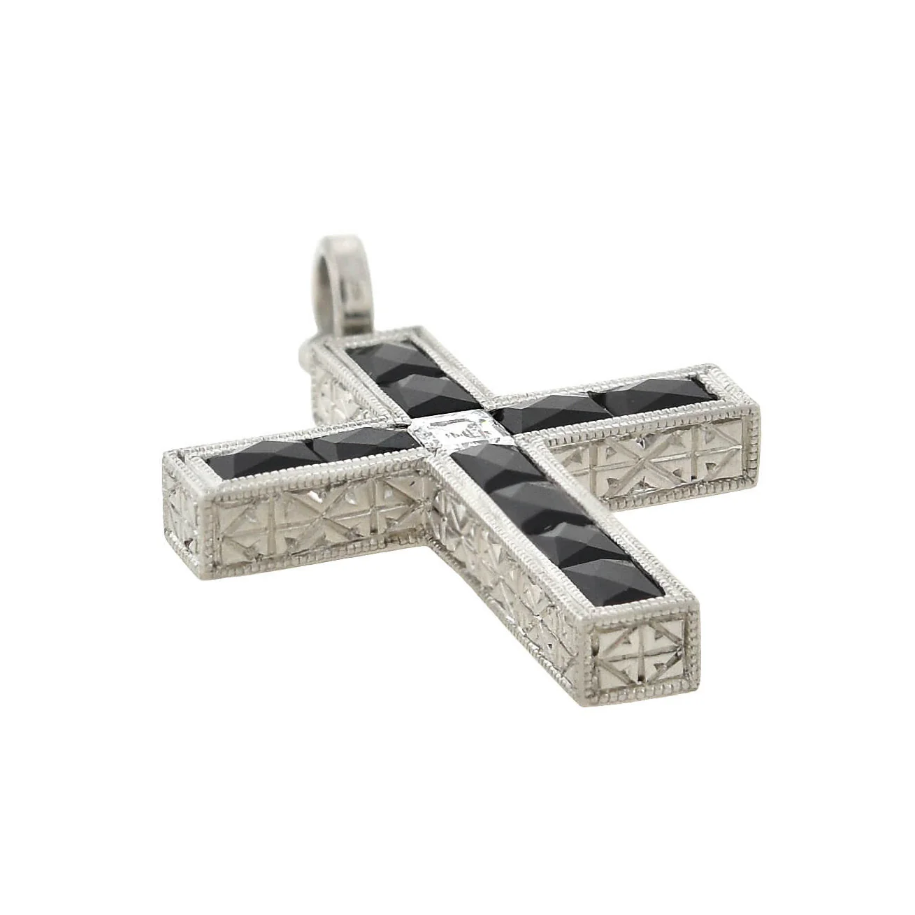 Art Deco Platinum French Cut Onyx + Diamond Cross Pendant - Image 2
