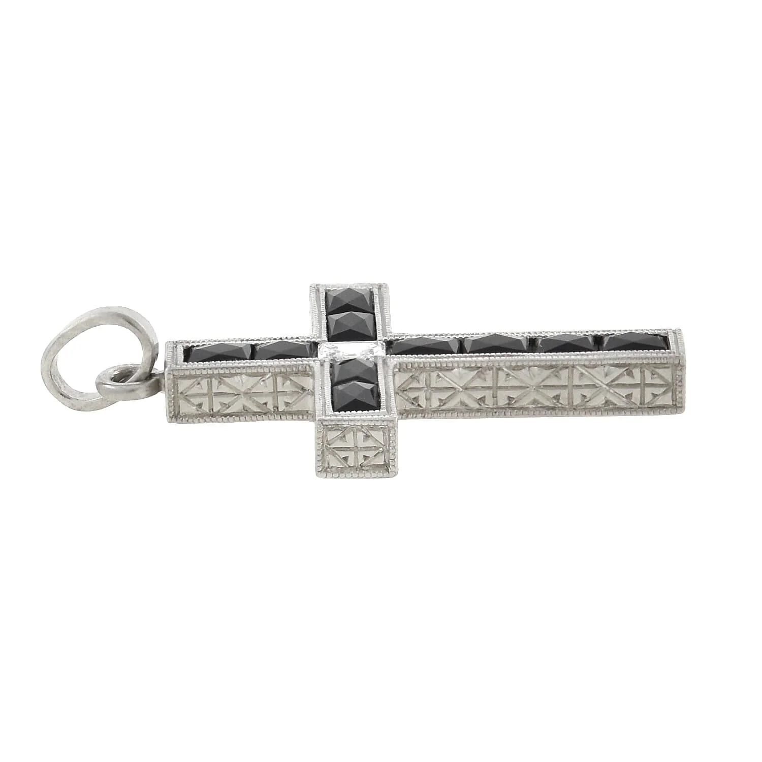 Art Deco Platinum French Cut Onyx + Diamond Cross Pendant - Image 3