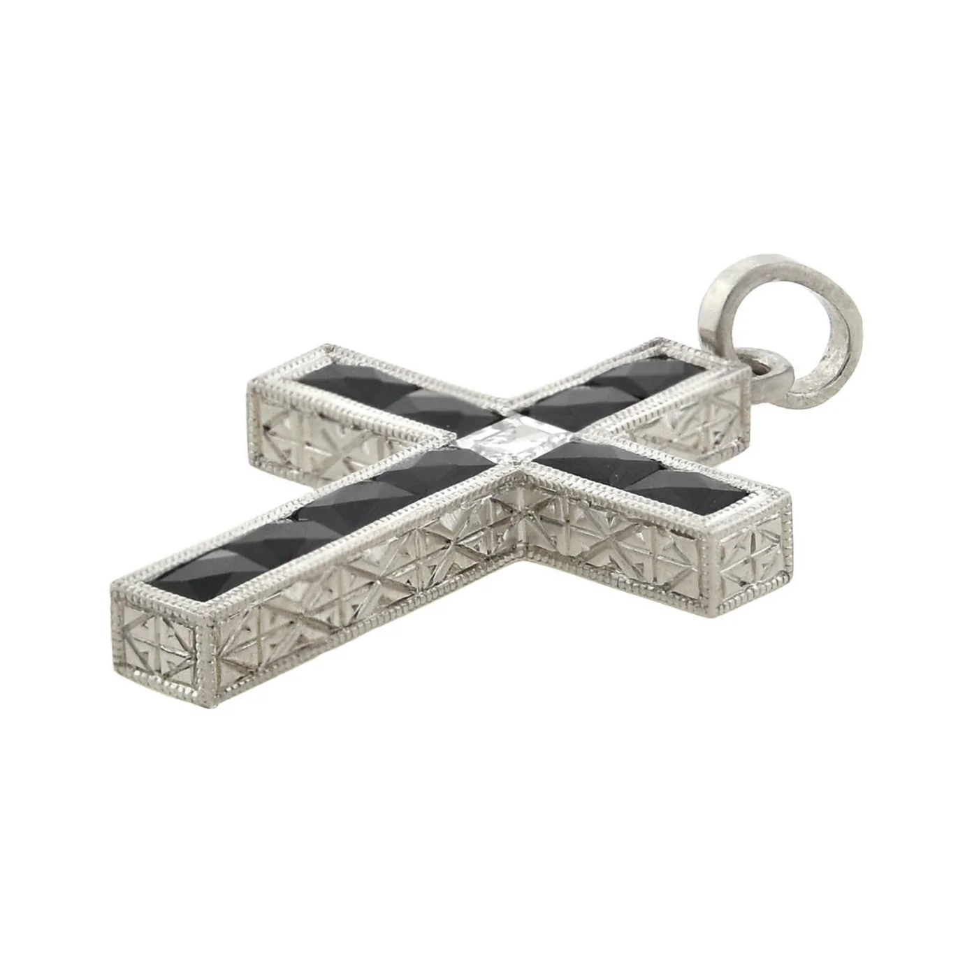 Art Deco Platinum French Cut Onyx + Diamond Cross Pendant - Image 4