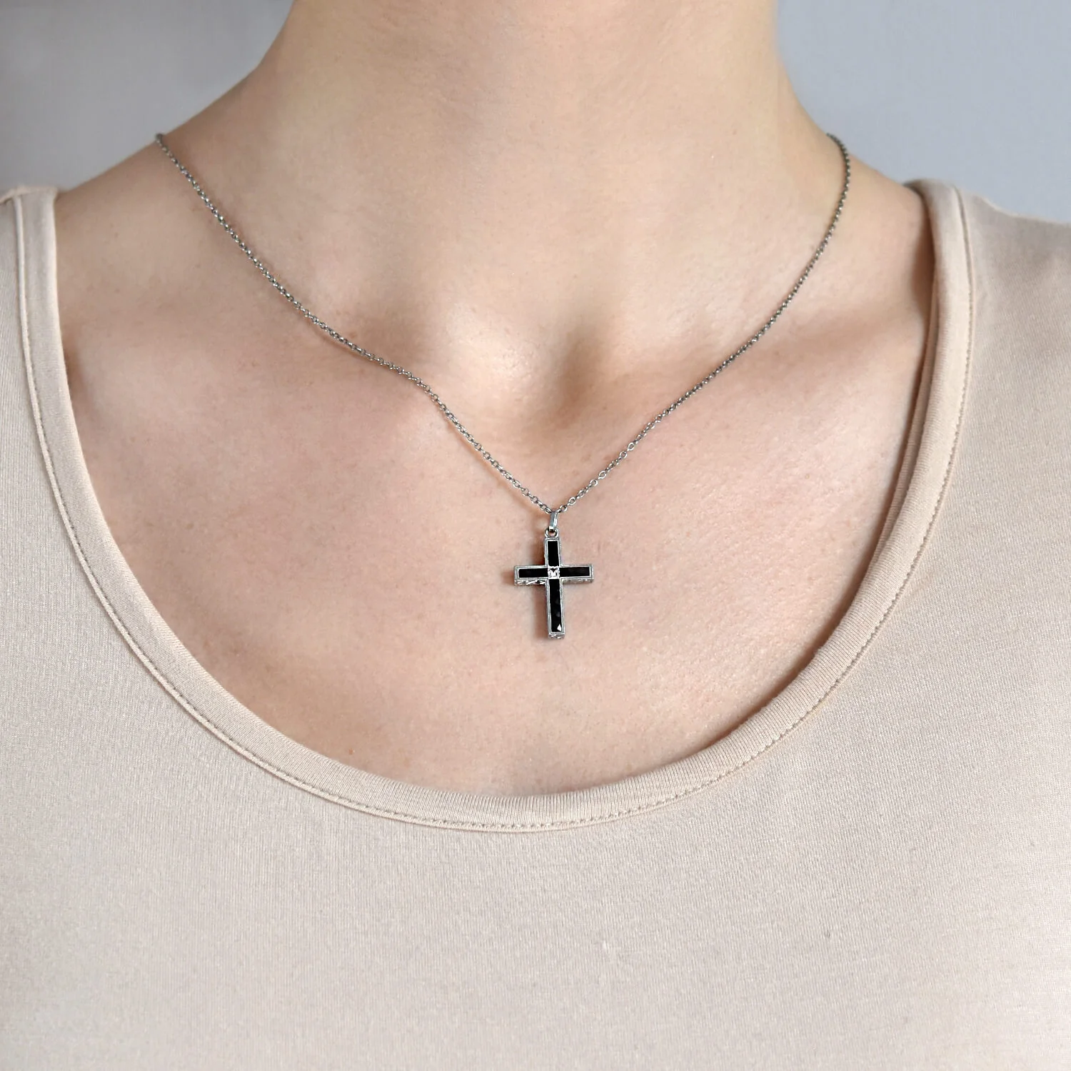 Art Deco Platinum French Cut Onyx + Diamond Cross Pendant - Image 6