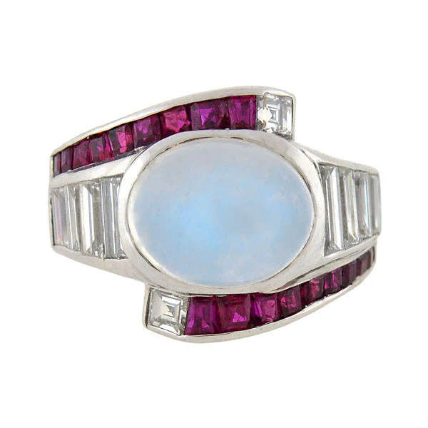 Retro Platinum Moonstone, Diamond & Ruby Ring - Image 2