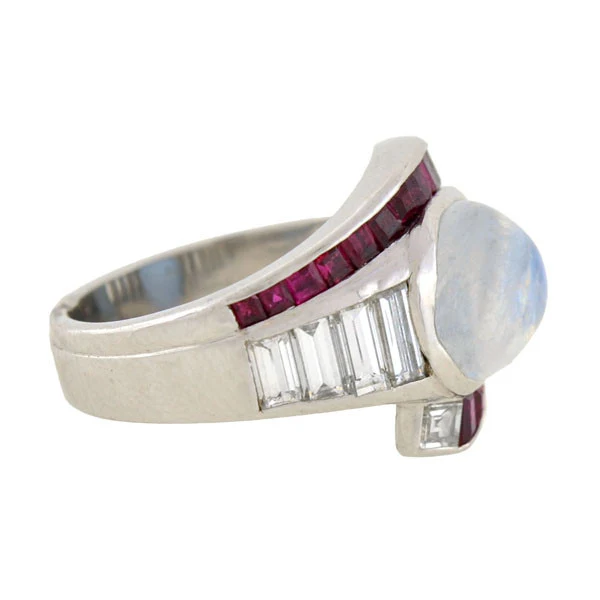 Retro Platinum Moonstone, Diamond & Ruby Ring - Image 3