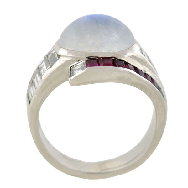 Retro Platinum Moonstone, Diamond & Ruby Ring - Image 4